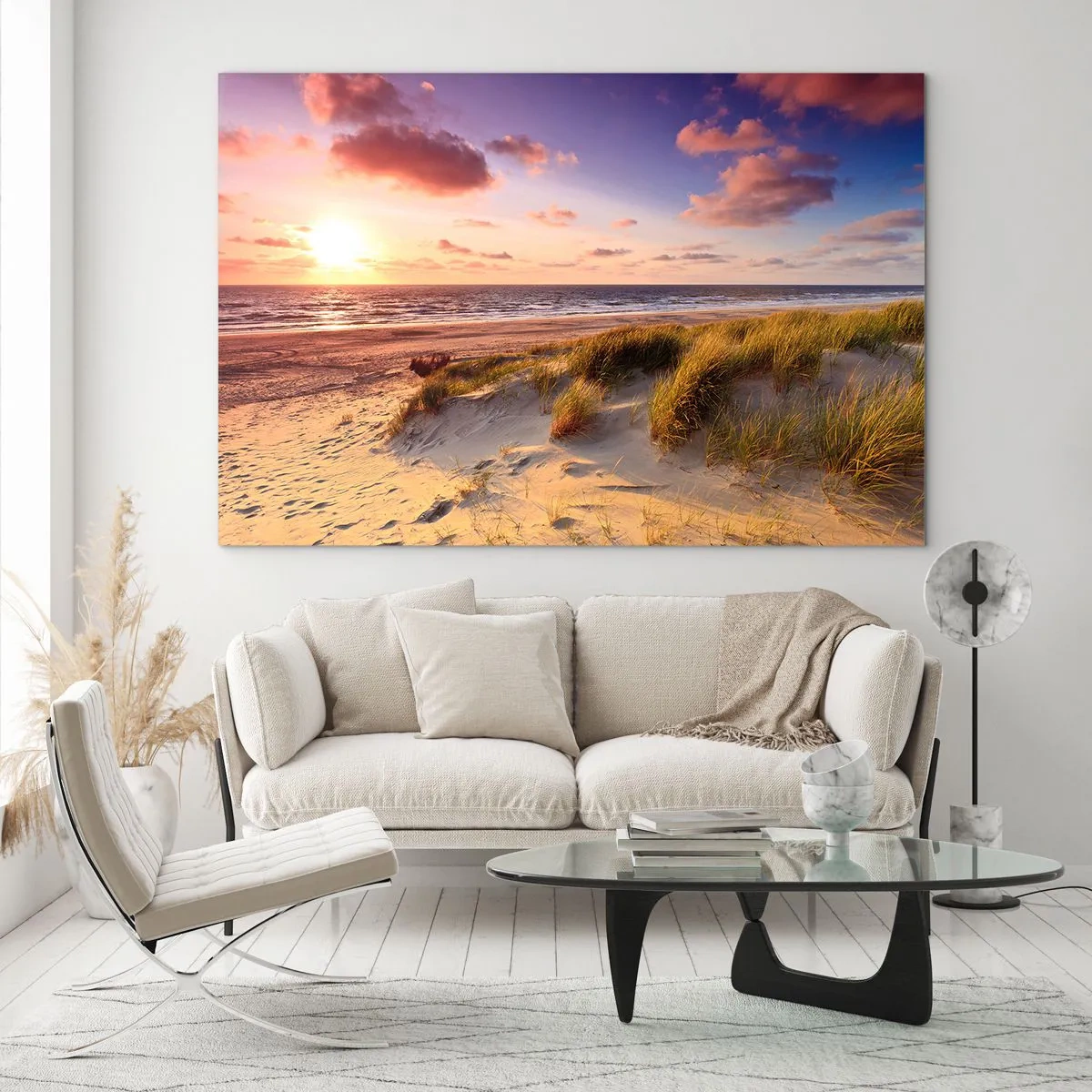 Billede på glas - Strand med klitter ved solnedgang - 70x50cm - Luften dufter allerede af sommer - Moderne vægdekoration til stue og soveværelse ARTTOR