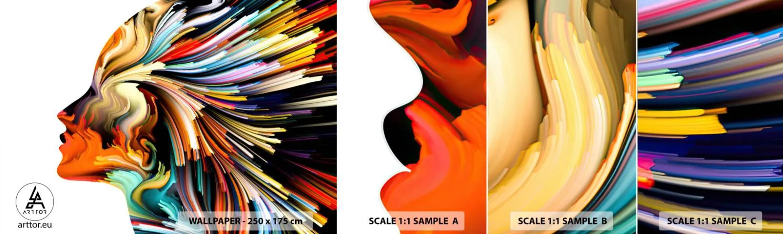 Prøve Fototapet Selvklæbende Deluxe Sticker - En eksplosion af fantasi - Abstraktion, Kvinde, Grafik - 100x30 cm