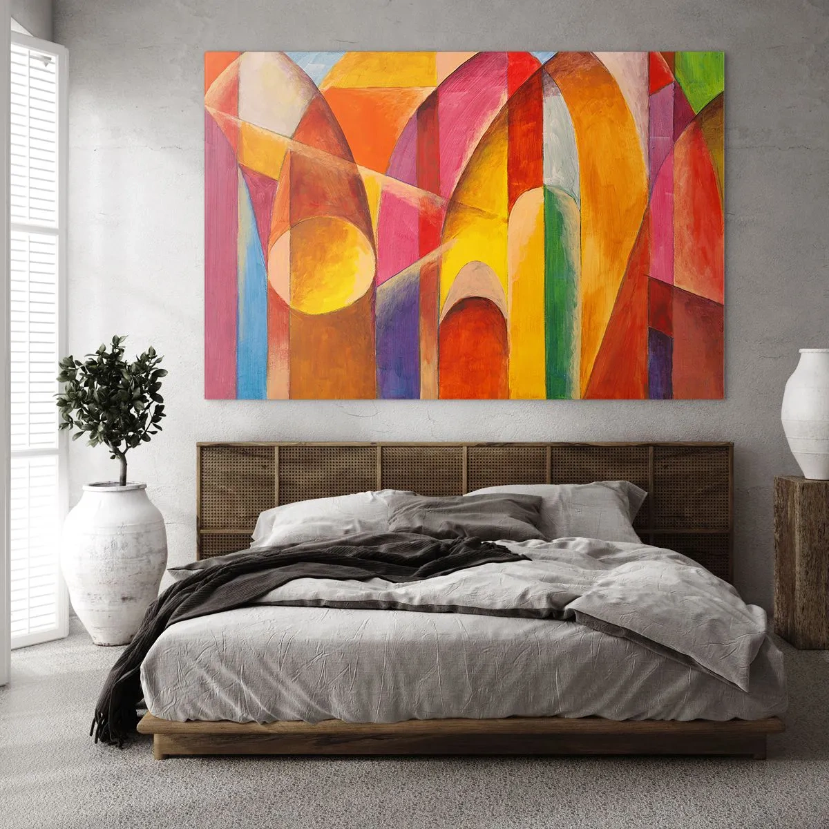 Billede på glas - Farverig abstraktion med geometriske former - 70x50cm - Solens katedral - Moderne vægdekoration til stue og soveværelse ARTTOR