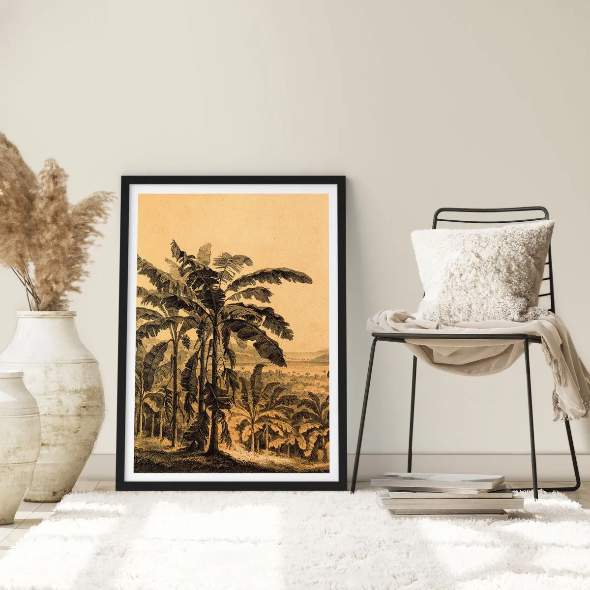 Plakat i sort ramme - Illustration af palmer mod en tropisk landskabsbaggrund - 50x70cm - I en kolonial atmosfære - Moderne vægdekoration til stue og soveværelse ARTTOR