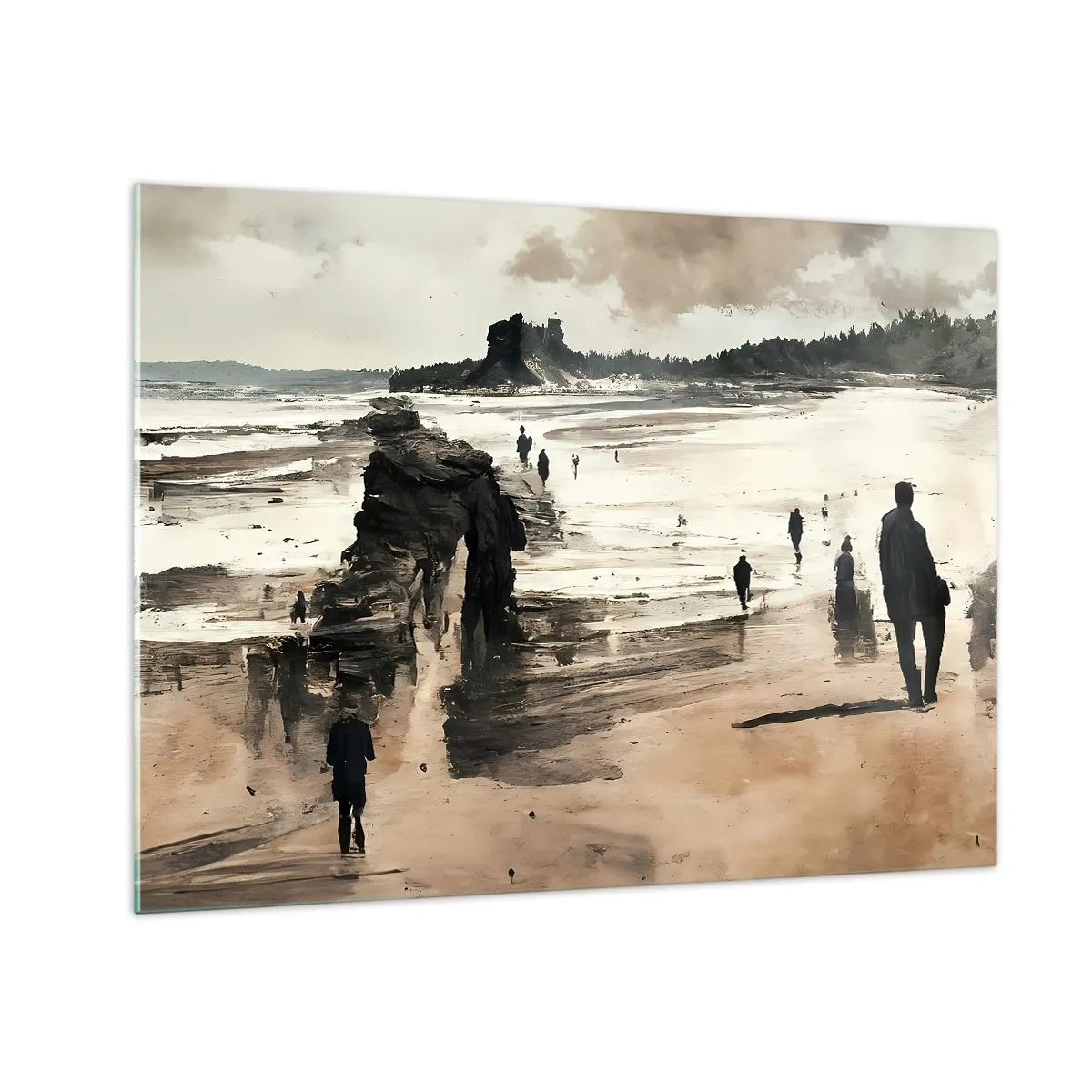 Billede på glas - Silhuetter går på en bred strand under en overskyet himmel - 70x50cm - Indkaldt - Moderne vægdekoration til stue og soveværelse ARTTOR