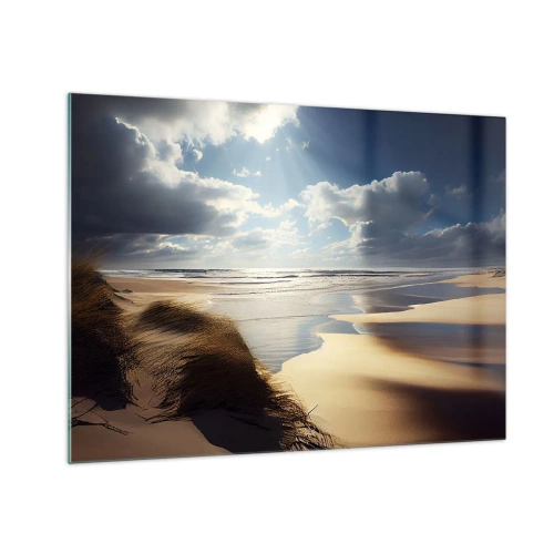 Billede på glas - En vild strand oplyst af solens stråler under skyerne - 70x50cm - Strand, vild strand - Moderne vægdekoration til stue og soveværelse ARTTOR