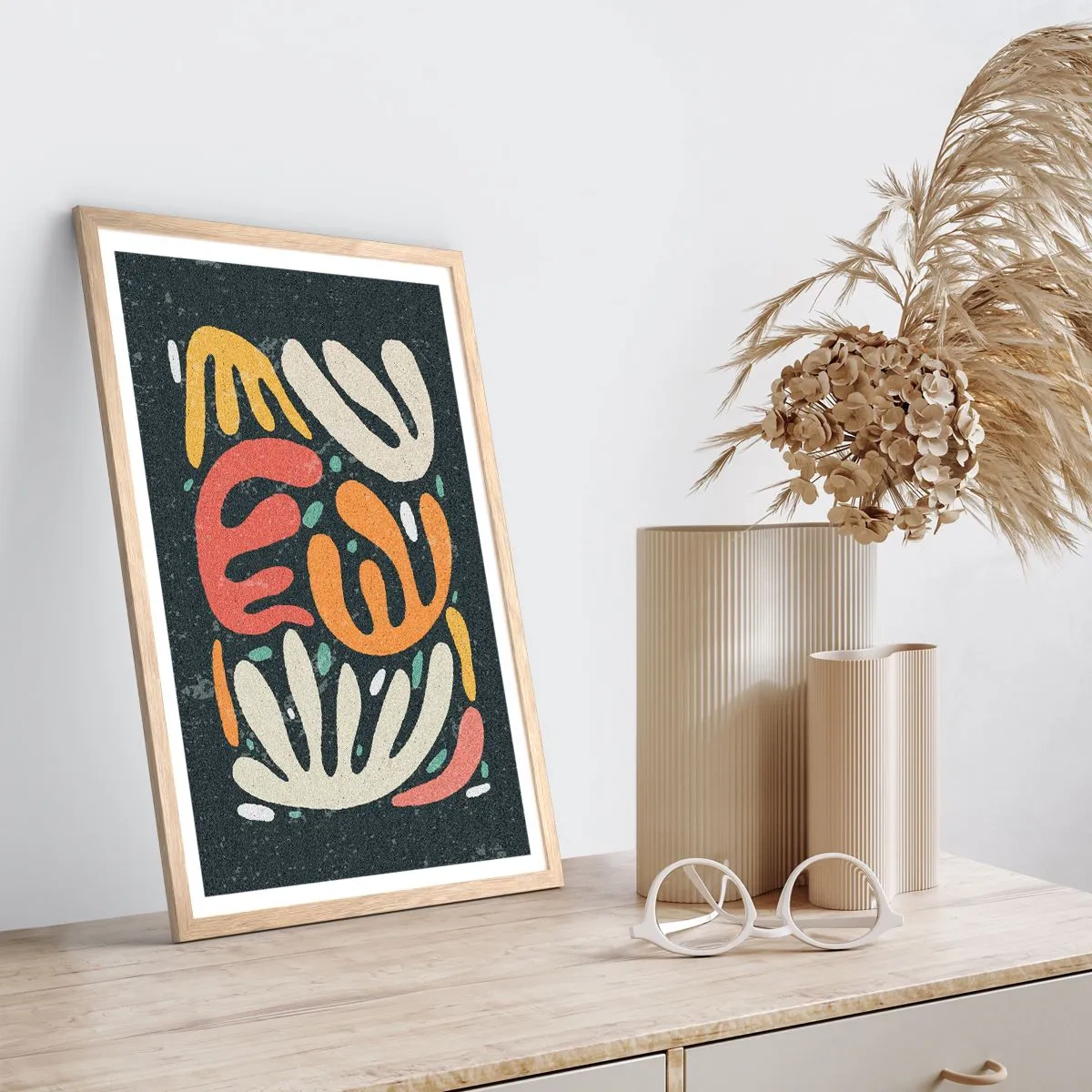 Plakat i ramme af lyst egetræ - Komposition - jeg er ved at fange dig - 70x100 cm