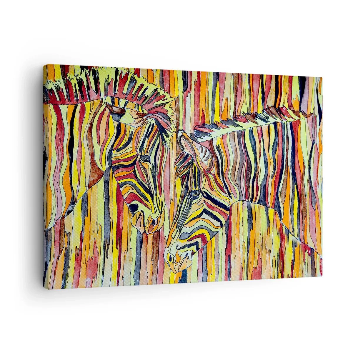 Lærredstryk - Billede på lærred - Farverige zebraer mod en baggrund af abstrakte striber - 70x50cm - Så du også... - Moderne vægdekoration til stue og soveværelse ARTTOR