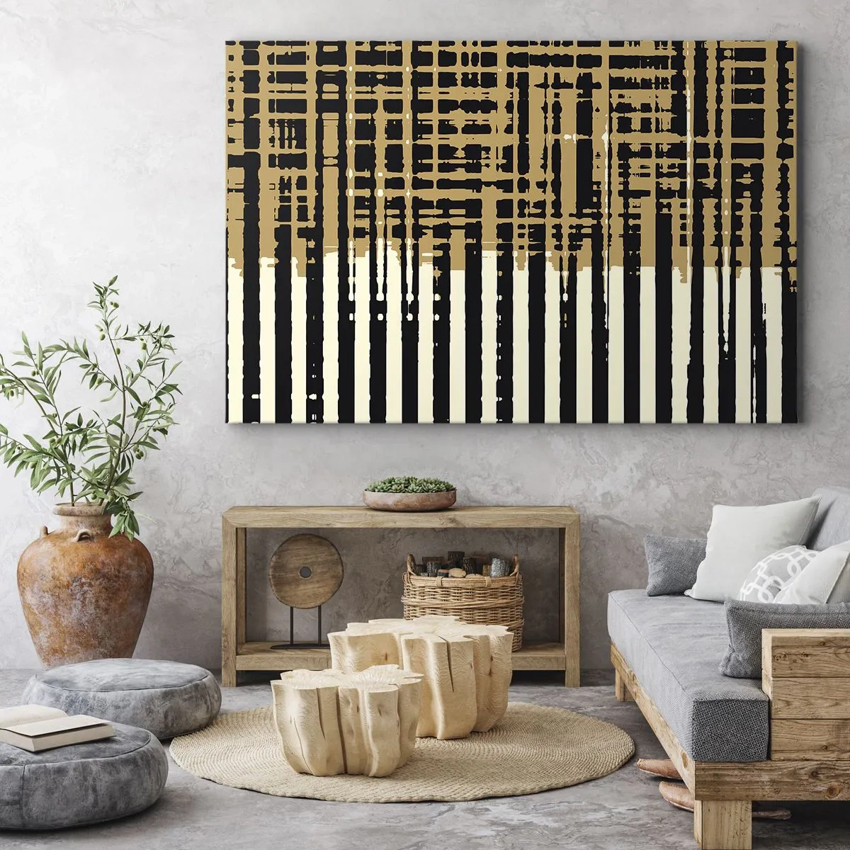 Lærredstryk - Billede på lærred - Abstrakte linjer i sort, beige og hvid - 70x50cm - Arkitektonisk abstraktion - Moderne vægdekoration til stue og soveværelse ARTTOR