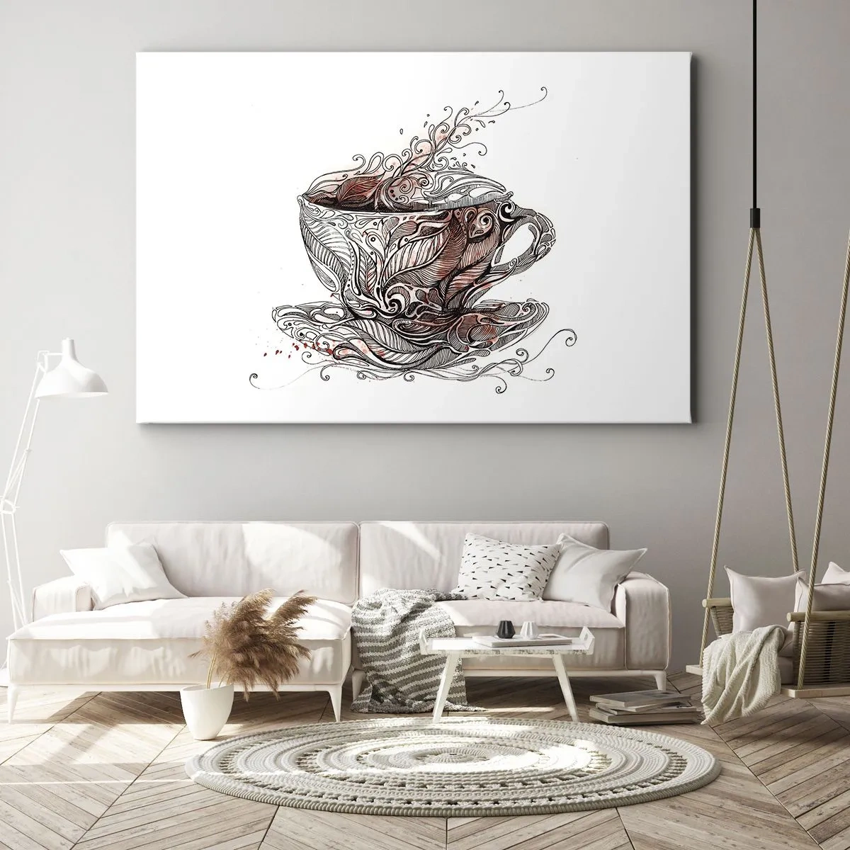 Lærredstryk - Billede på lærred - Dekorativ kaffekop med et kunstnerisk mønster - 70x50cm - Te er godt til alt - Moderne vægdekoration til stue og soveværelse ARTTOR
