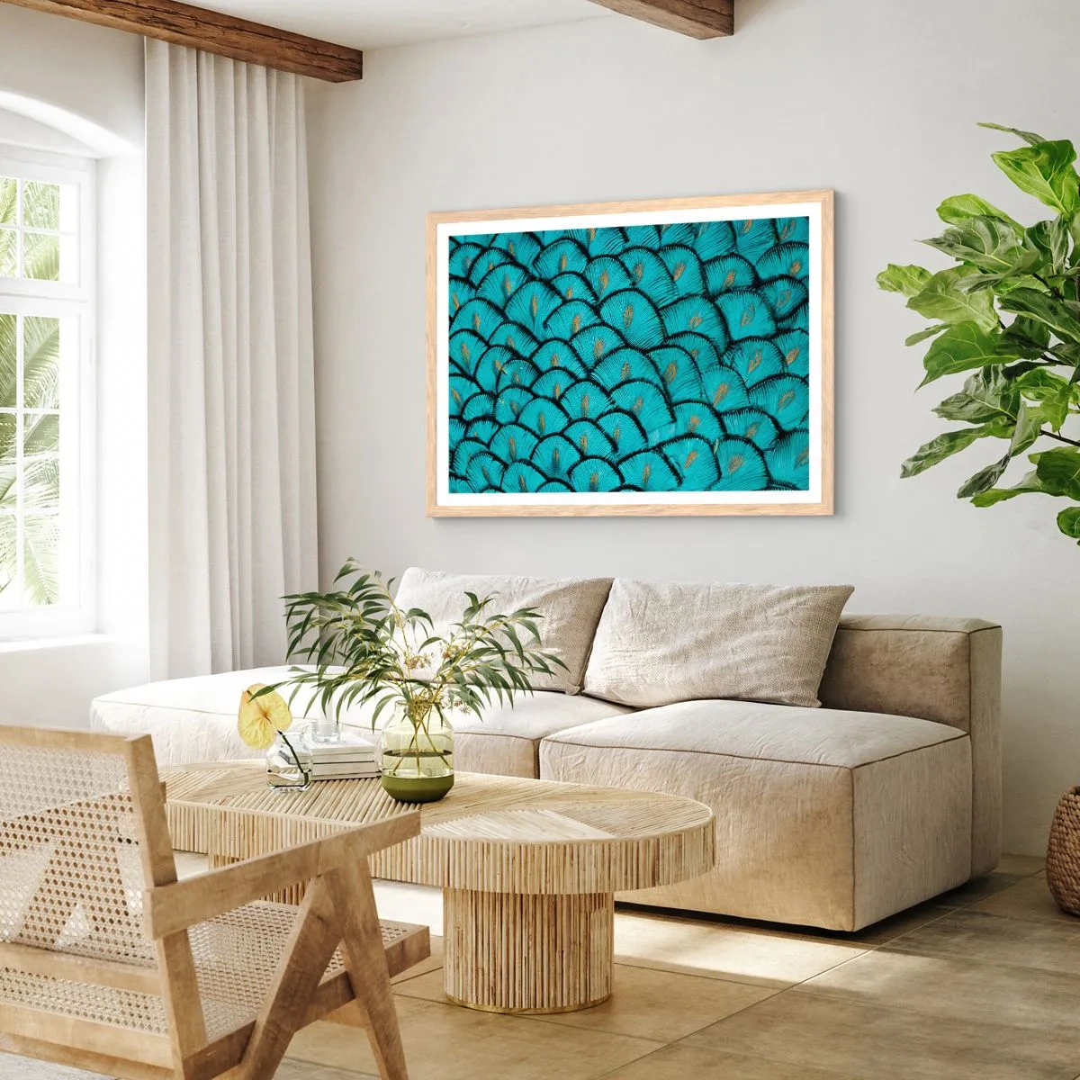 Plakat i ramme af lyst egetræ - Den store fjer-galla - 91x61 cm