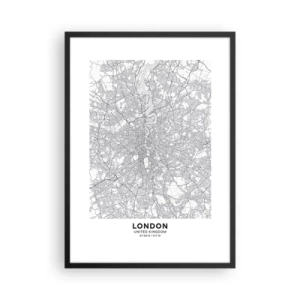 Plakat i sort ramme - Sort-hvidt kort over London med præcise gadedetaljer - 50x70cm - Kort over Londons labyrint - Moderne vægdekoration til stue og soveværelse ARTTOR