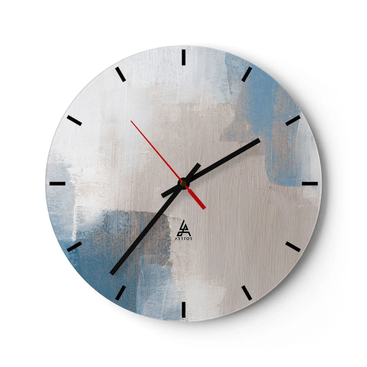 Vægur, Uret - Moderne abstraktion i beige, blå og grå - 30x30cm - Lyserød abstraktion bag et slør af blåt - Moderne vægdekoration til stue, køkken og soveværelse ARTTOR