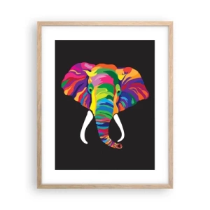 Plakat i ramme af lyst egetræ - Elefanten, der elskede at bade i regnbuen - 40x50 cm