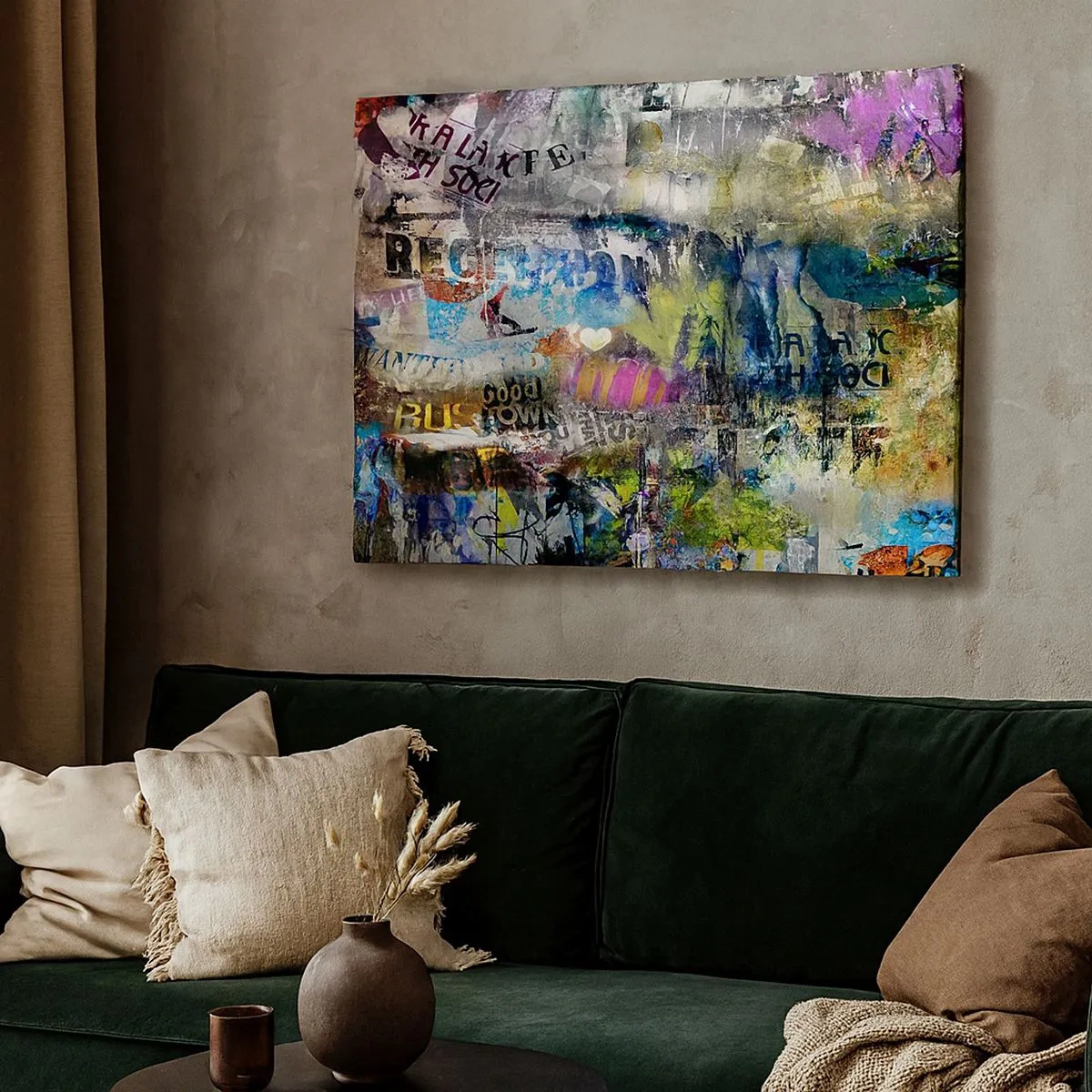 Lærredstryk - Billede på lærred - Abstrakt collage med tekst og forskellige farver - 70x50cm - En collage af minder - Moderne vægdekoration til stue og soveværelse ARTTOR