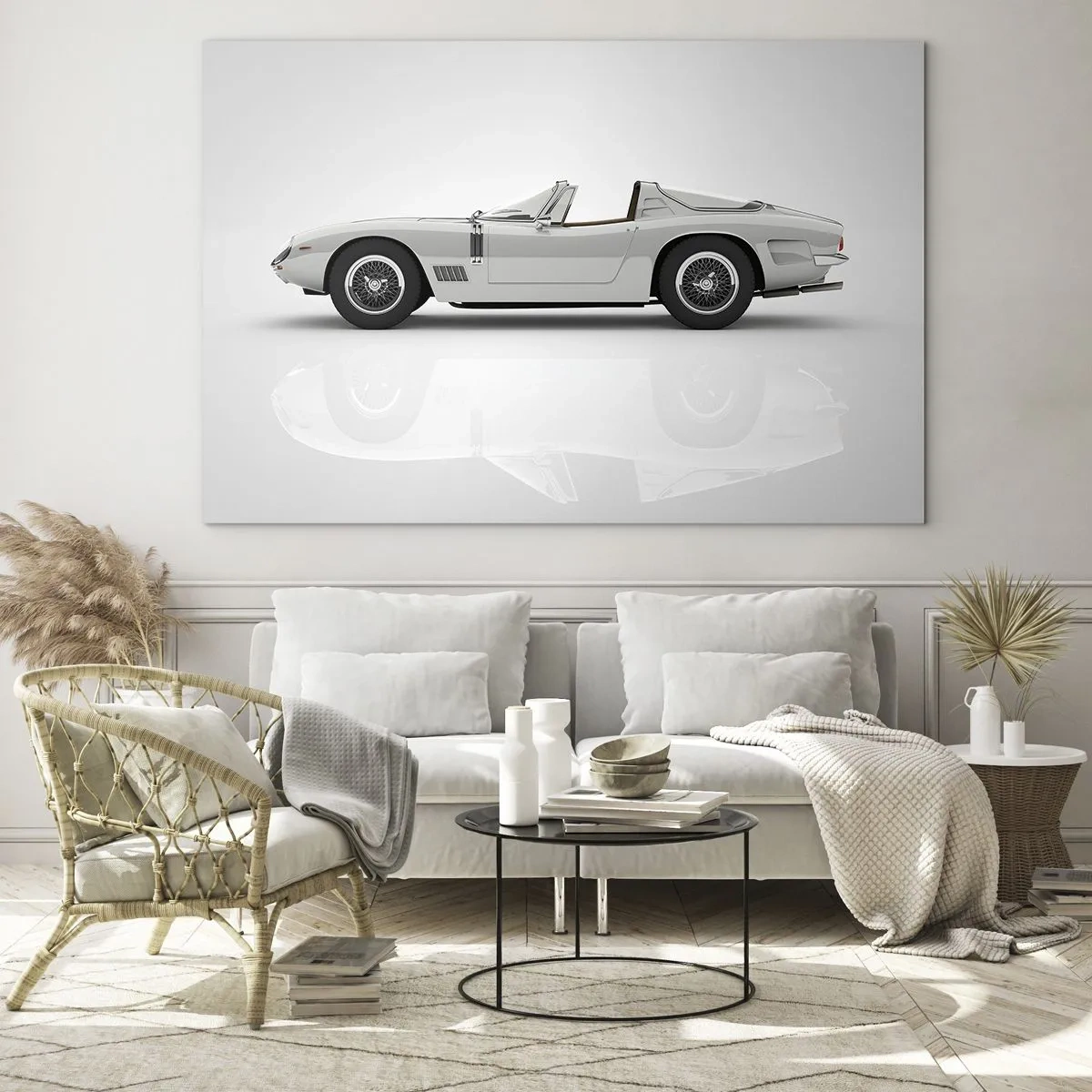 Billede på glas - En klassisk hvid cabriolet mod en minimalistisk baggrund med refleksioner. - 70x50cm - Løftet om sjov - Moderne vægdekoration til stue og soveværelse ARTTOR