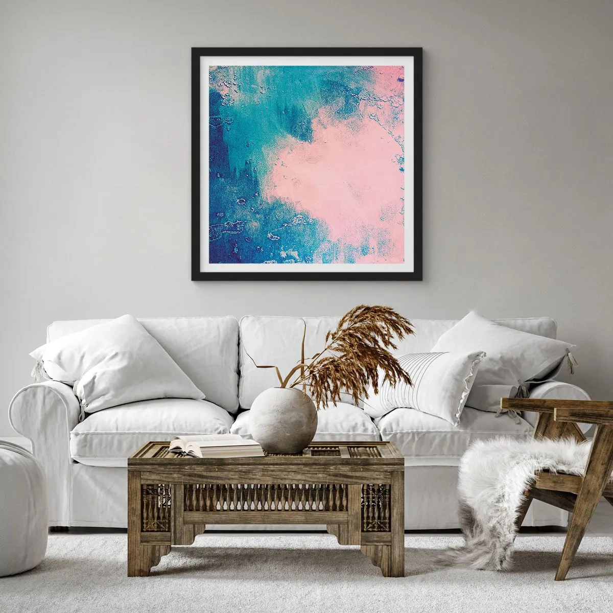 Plakat i sort ramme - Blå omfavnelse - 50x50 cm