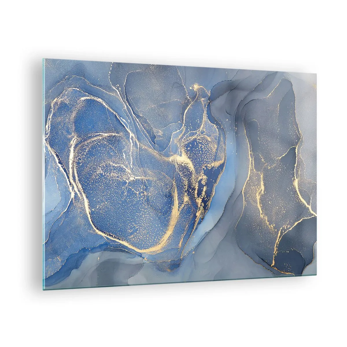Billede på glas - En abstrakt komposition i nuancer af marineblå og guld - 70x50cm - Guldstøv - Moderne vægdekoration til stue og soveværelse ARTTOR