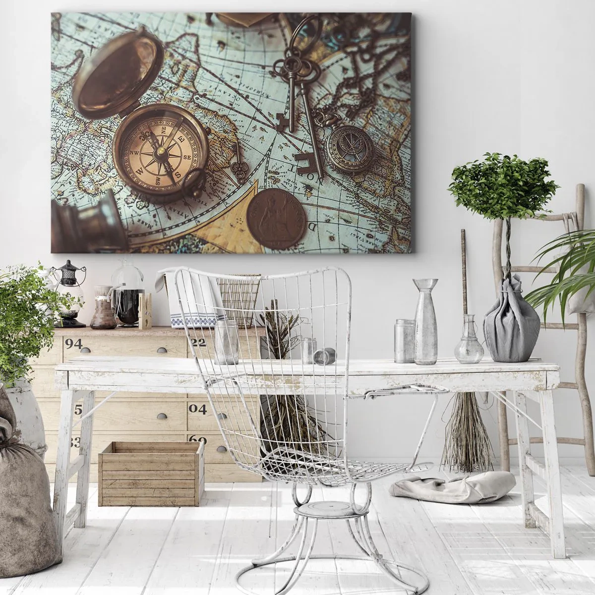 Lærredstryk - Billede på lærred - Komposition med et kompas, nøgler og et gammelt kort i retrostil - 70x50cm - For eventyreren - Moderne vægdekoration til stue og soveværelse ARTTOR