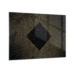 Billede på glas - Gulddiamant med geometriske linjer på sort baggrund - 70x50cm - Geometri i glamour-stil - Moderne vægdekoration til stue og soveværelse ARTTOR