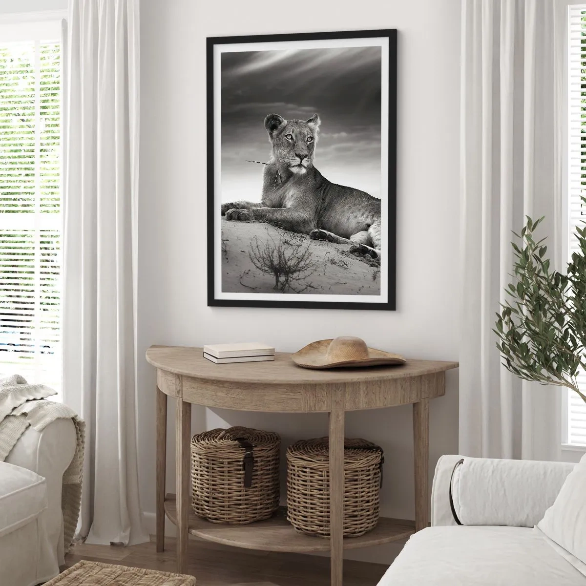 Plakat i sort ramme - Sort-hvidt portræt af en løve, der hviler i ørkenen - 50x70cm - Resten af ørkendronningen - Moderne vægdekoration til stue og soveværelse ARTTOR