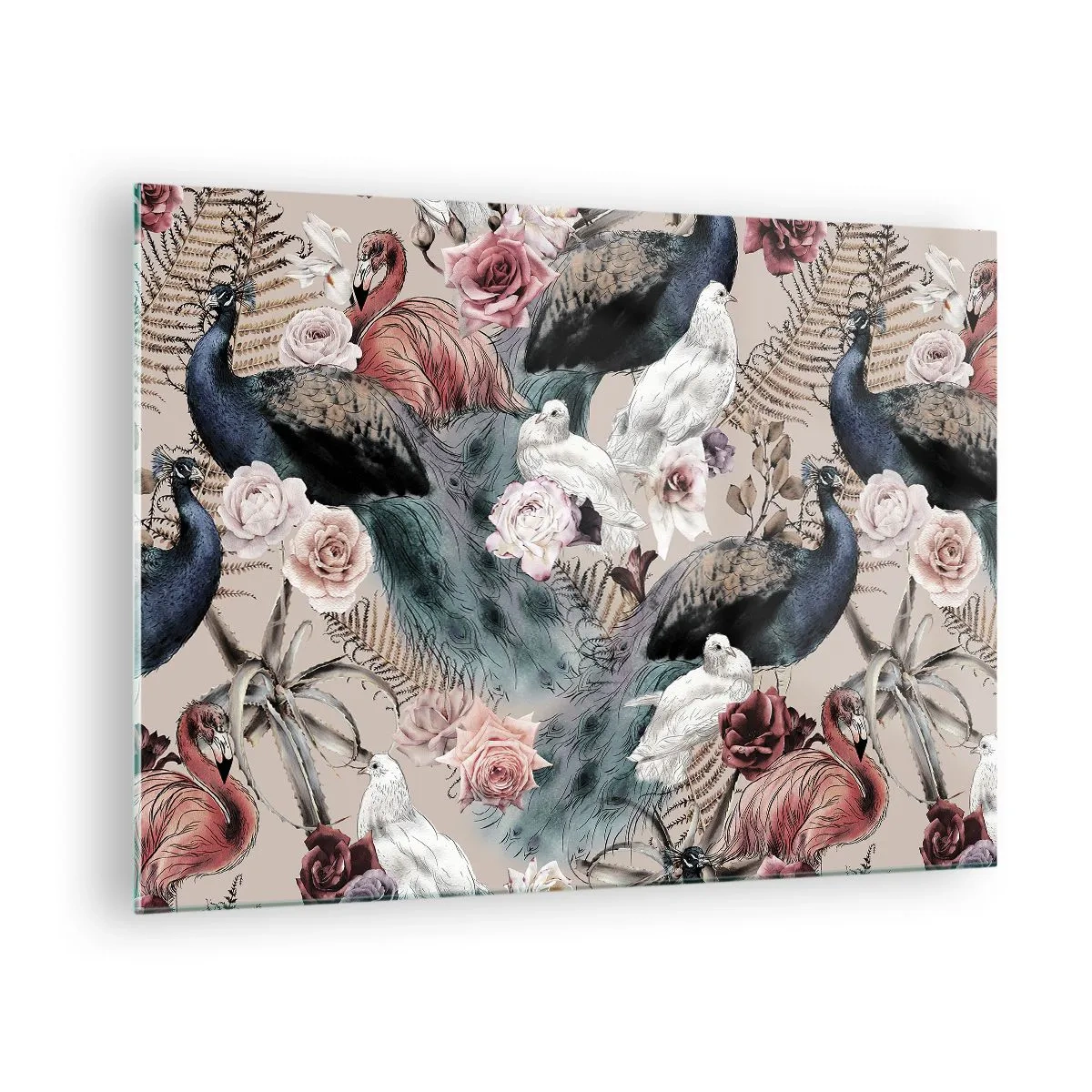 Billede på glas - Påfugle og flamingoer omgivet af roser og bregner - 70x50cm - I paladsets have - Moderne vægdekoration til stue og soveværelse ARTTOR