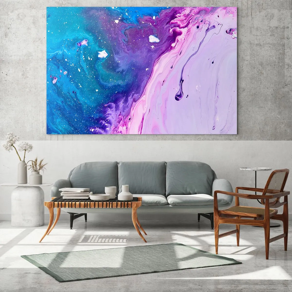 Billede på glas - En abstrakt komposition med en blanding af lilla, blå og lyserøde farver. - 70x50cm - Yin og yang - Moderne vægdekoration til stue og soveværelse ARTTOR