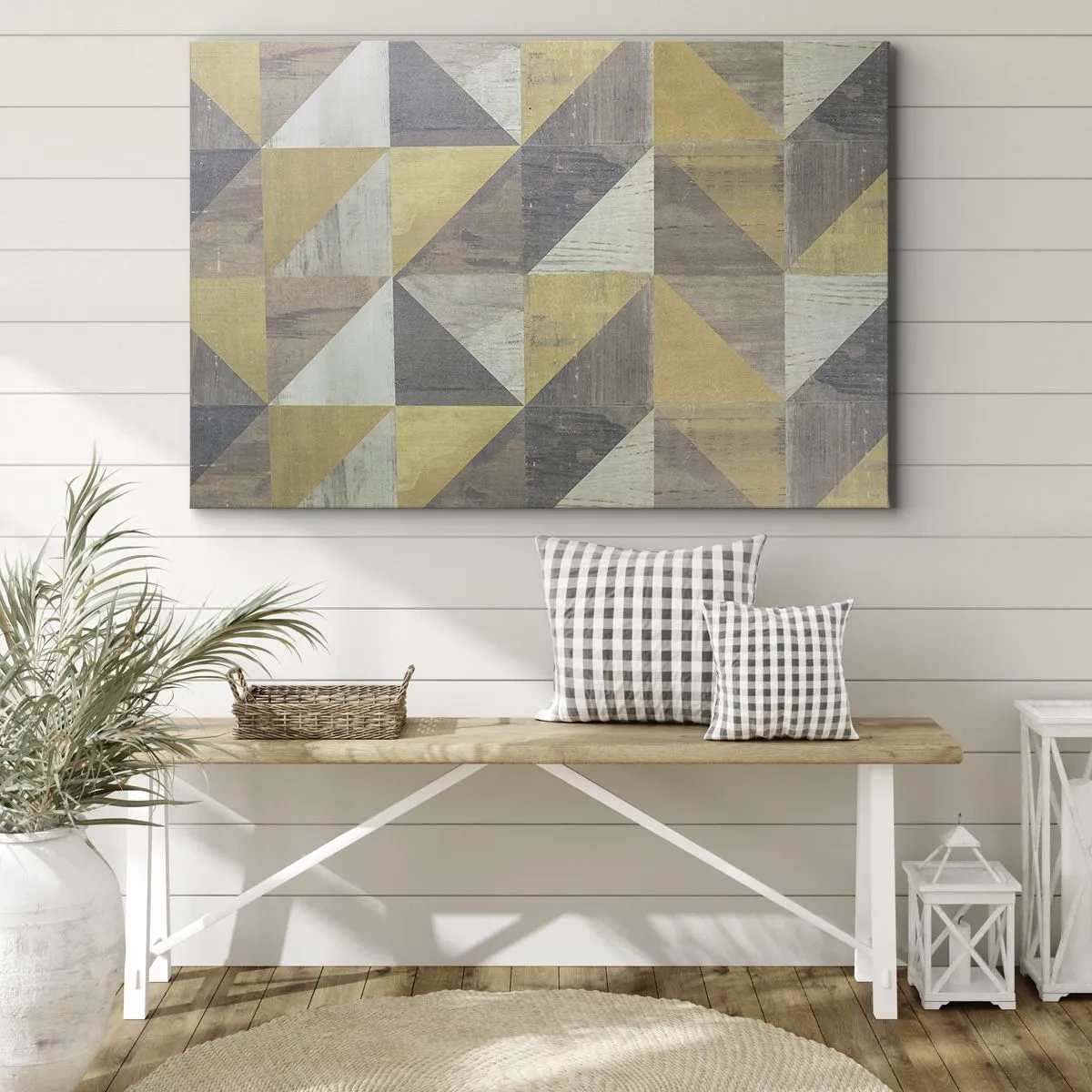 Lærredstryk - Billede på lærred - Geometrisk sammensætning af trekanter i jordfarver - 70x50cm - Ved trekantens vinkel - Moderne vægdekoration til stue og soveværelse ARTTOR