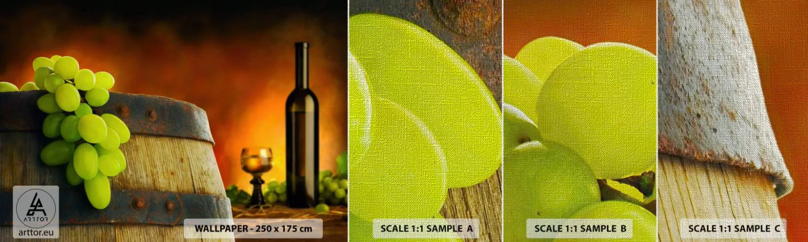 Prøve Fototapet Premium Canvas - Stilleben med en flaske vin og en drueklaske - Drue, Vin, Vintønde - 100x30 cm