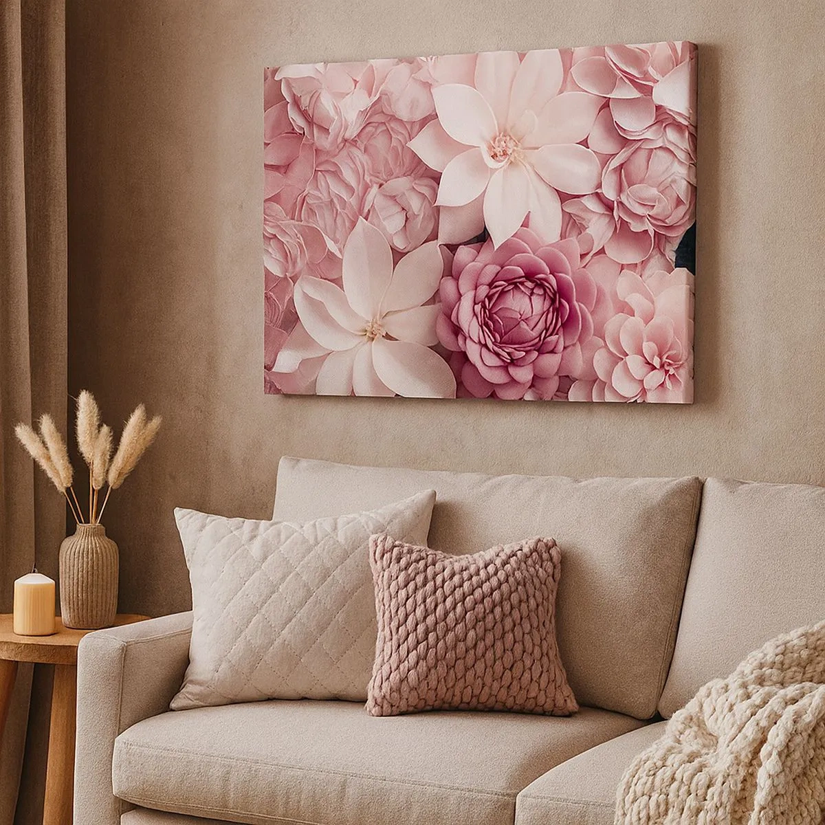 Lærredstryk - Billede på lærred - Blomster i lyserøde og hvide nuancer i en kunstnerisk tilgang - 70x50cm - I lyserøde kronblade - Moderne vægdekoration til stue og soveværelse ARTTOR