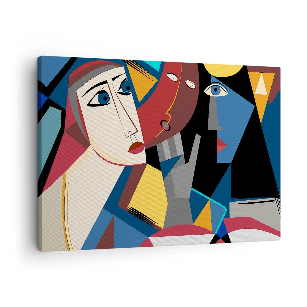 Lærredstryk - Billede på lærred - Kubistiske ansigter i intense farver - 70x50cm - Kubistisk samtale - Moderne vægdekoration til stue og soveværelse ARTTOR