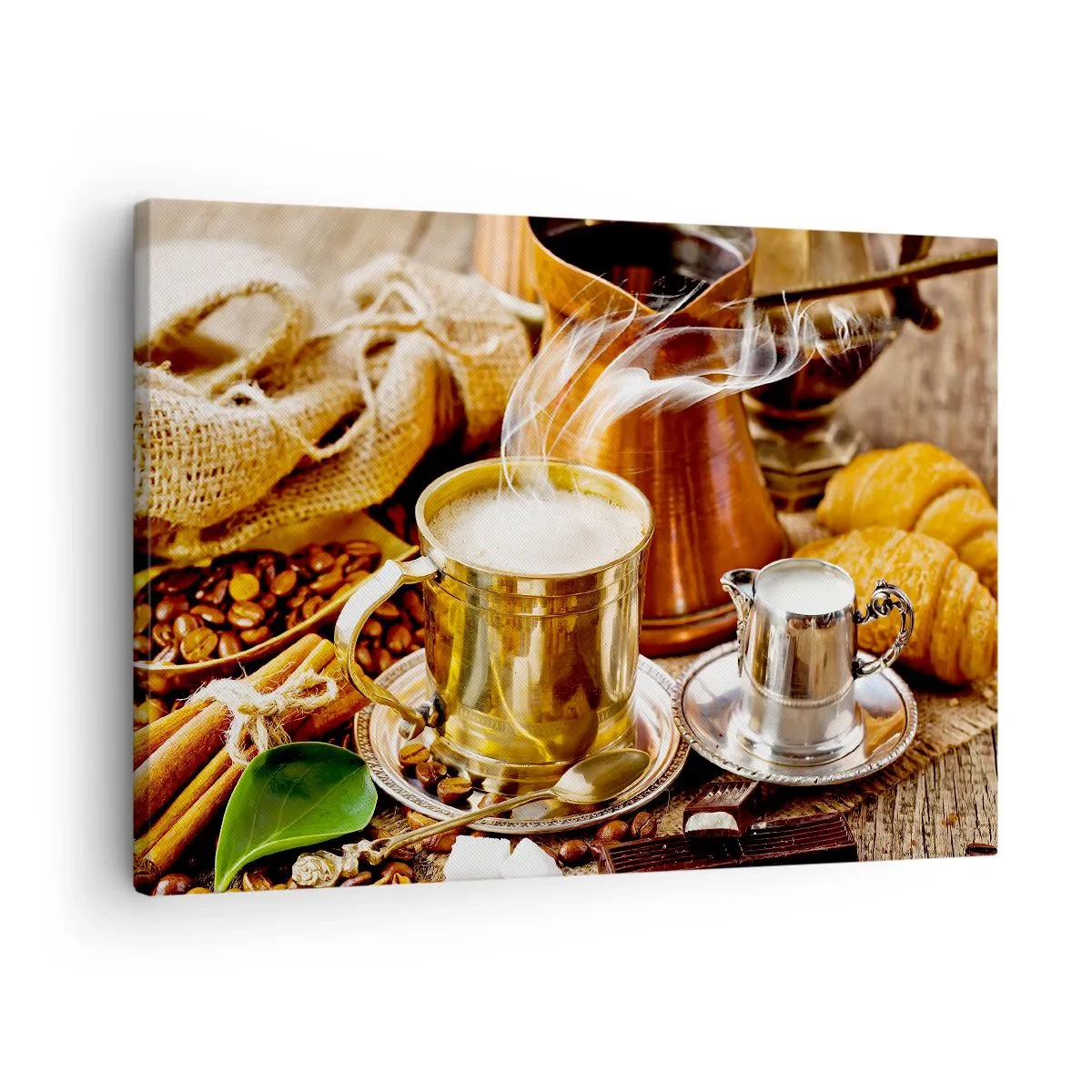 Lærredstryk - Billede på lærred - En gylden krus kaffe omgivet af bønner, kander og croissanter - 70x50cm - Hav en dejlig dag! - Moderne vægdekoration til stue og soveværelse ARTTOR