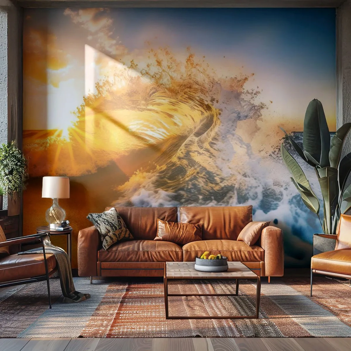 Fototapet Standard Eco - En gylden bølge, der slår ned på kysten ved solnedgang - 100x70cm - Leg på sandet - Moderne vægdekoration til stue og soveværelse ARTTOR