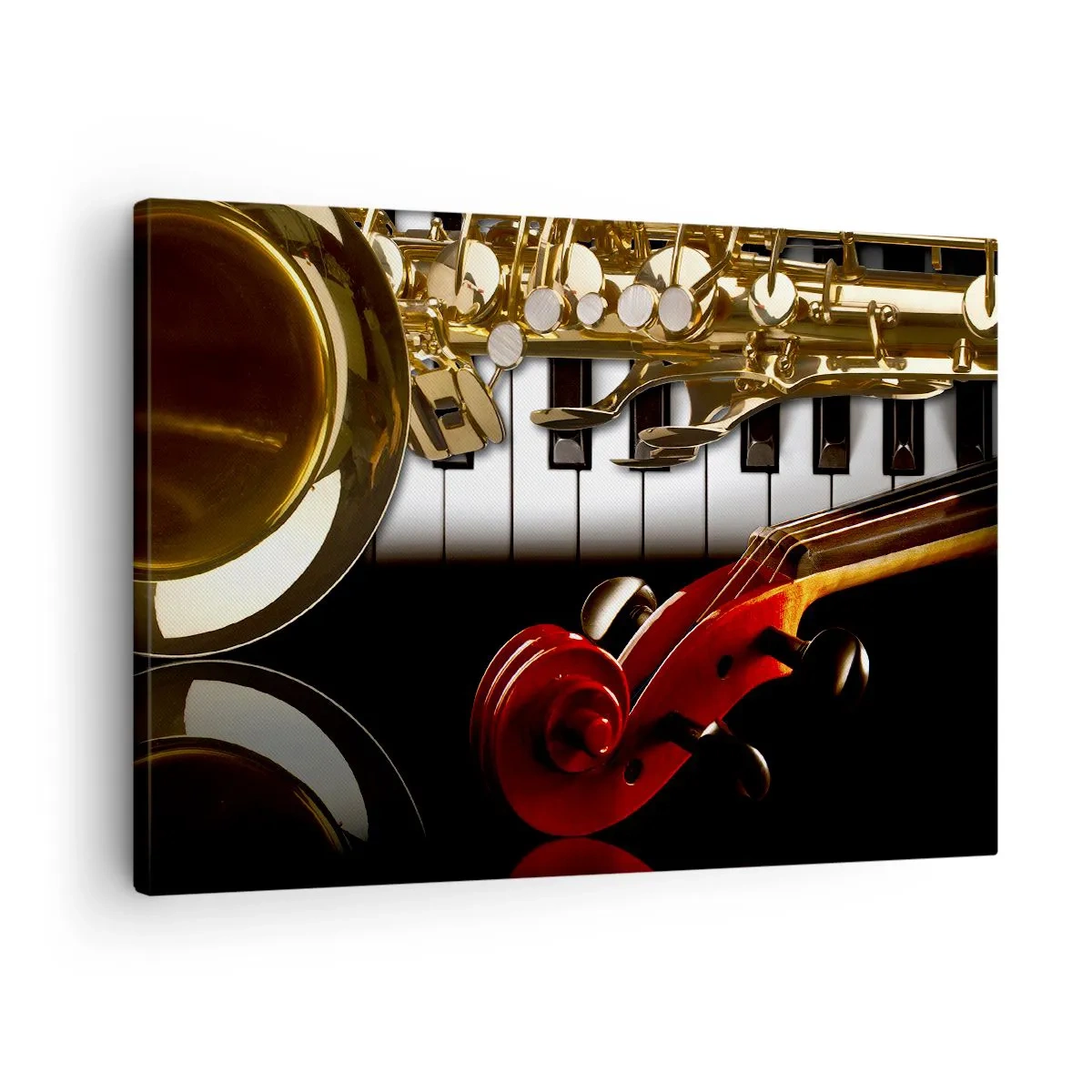 Lærredstryk - Billede på lærred - En gylden saxofon, klavertangenter og en rød violin - 70x50cm - Metalplader, træ og elfenben - Moderne vægdekoration til stue og soveværelse ARTTOR