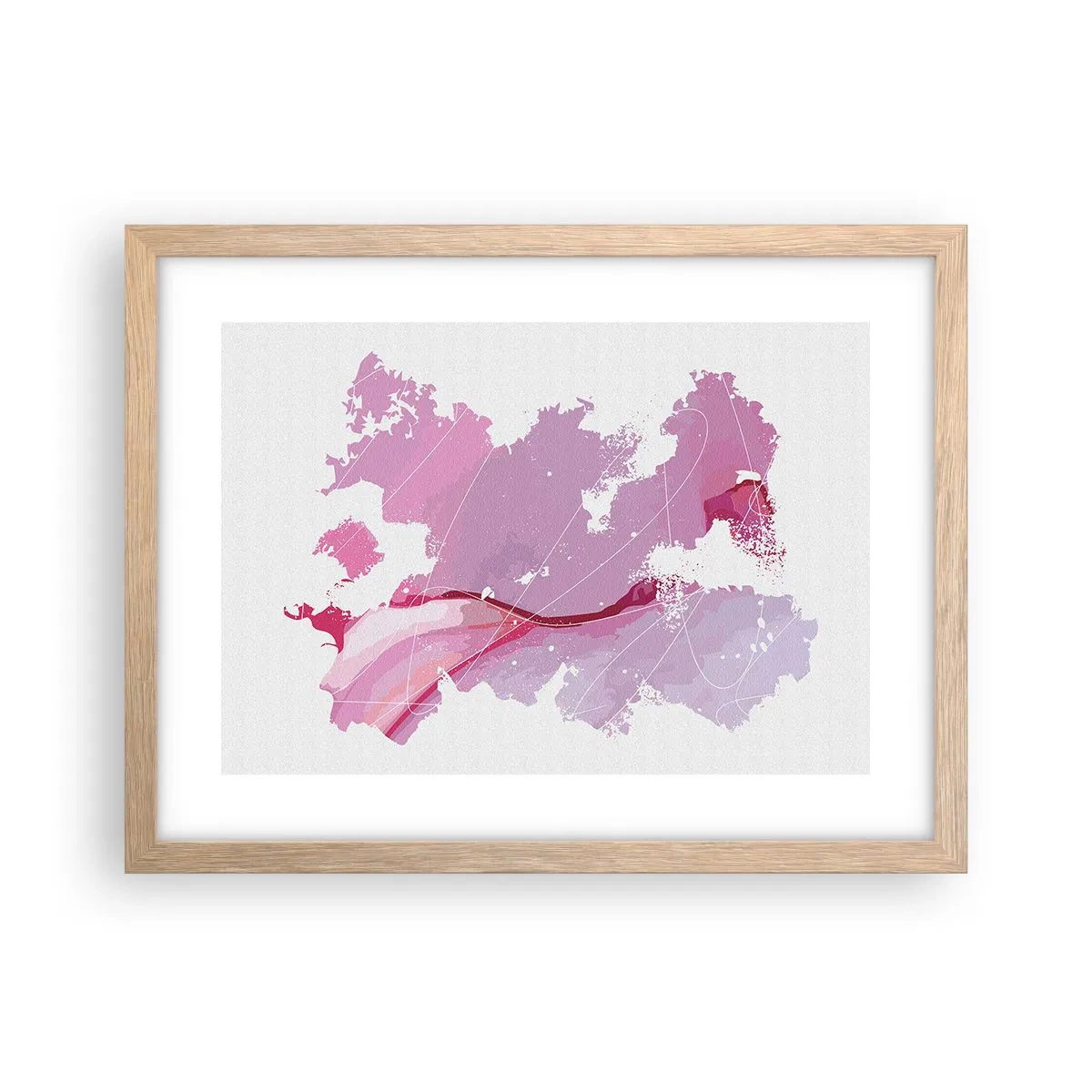 Plakat i ramme af lyst egetræ - Kort over en lyserød verden - 40x30 cm