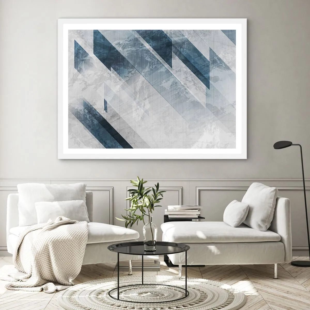 Plakat i hvid ramme - Rumlig komposition - bevægelse af gråtoner - 70x50 cm