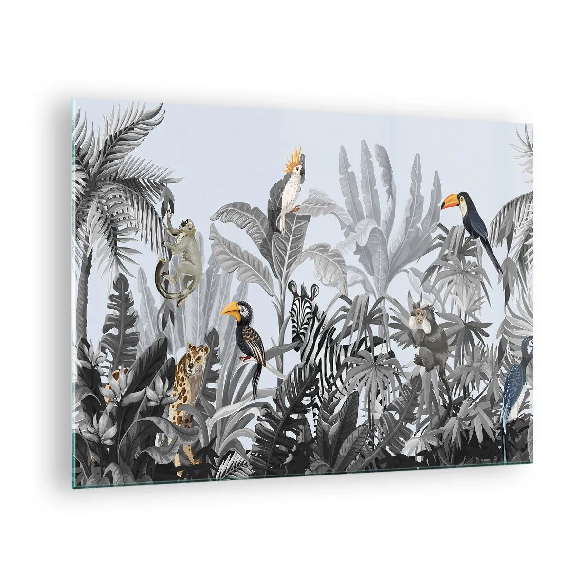 Billede på glas - Eksotiske dyr i en sort-hvid jungle på en lys baggrund - 70x50cm - En afrikansk fabel - Moderne vægdekoration til stue og soveværelse ARTTOR