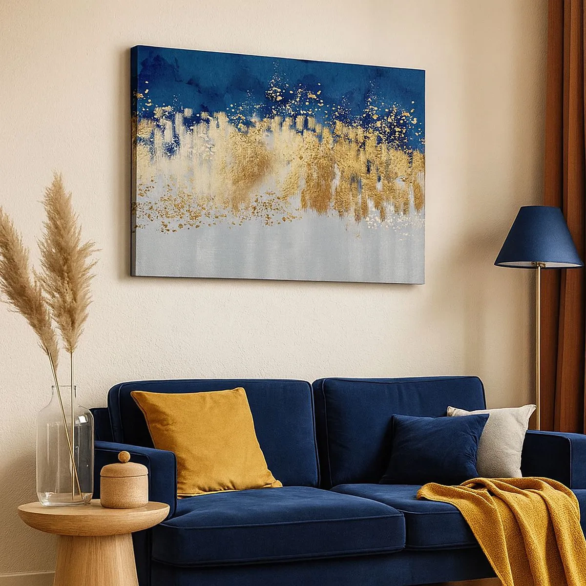 Lærredstryk - Billede på lærred - En abstrakt komposition i nuancer af guld og marineblå. - 70x50cm - Moderne komposition med gnist - Moderne vægdekoration til stue og soveværelse ARTTOR