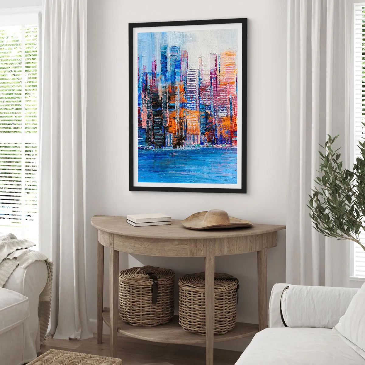 Plakat i sort ramme - Abstrakt bypanorama i intense farver - 50x70cm - En glad metropol - Moderne vægdekoration til stue og soveværelse ARTTOR