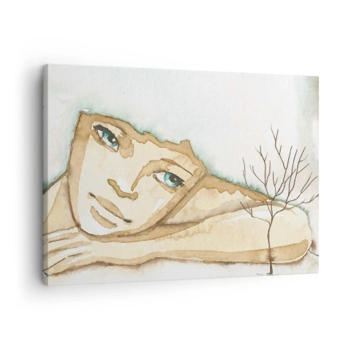 Lærredstryk - Billede på lærred - Kunstnerisk portræt af en kvinde i pastelfarver - 70x50cm - Poesiens træ vokser ud af stilheden - Moderne vægdekoration til stue og soveværelse ARTTOR