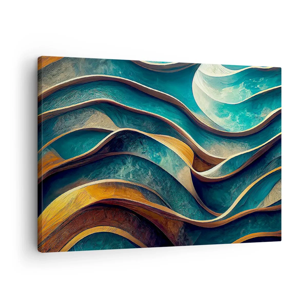Lærredstryk - Billede på lærred - Abstrakte bølger i nuancer af turkis og guld - 70x50cm - Slyngninger af blåt - Moderne vægdekoration til stue og soveværelse ARTTOR