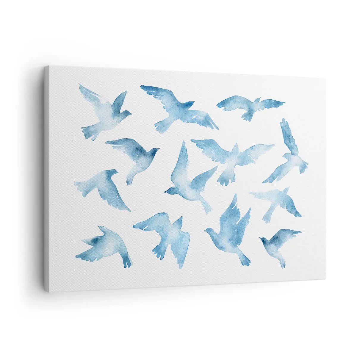Lærredstryk - Billede på lærred - En diskret akvarel, der skildrer flyvende fugle - 70x50cm - Blåfugle - Moderne vægdekoration til stue og soveværelse ARTTOR