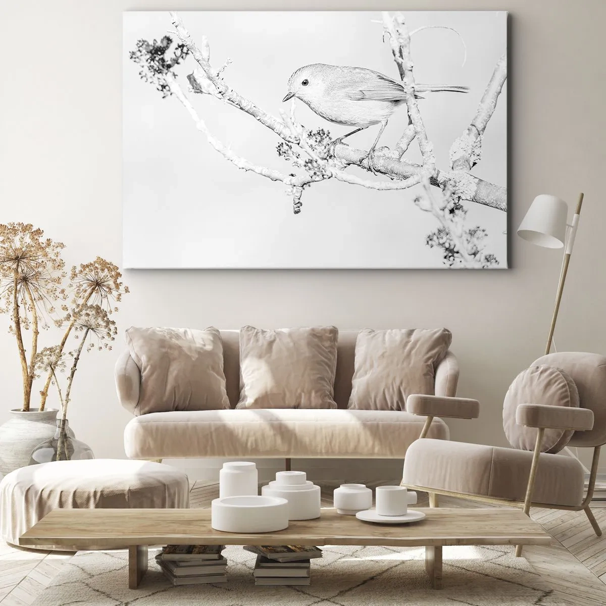 Lærredstryk - Billede på lærred - Fugl på en gren i sort-hvid med minimalistisk stil - 70x50cm - Vintermorgen - Moderne vægdekoration til stue og soveværelse ARTTOR