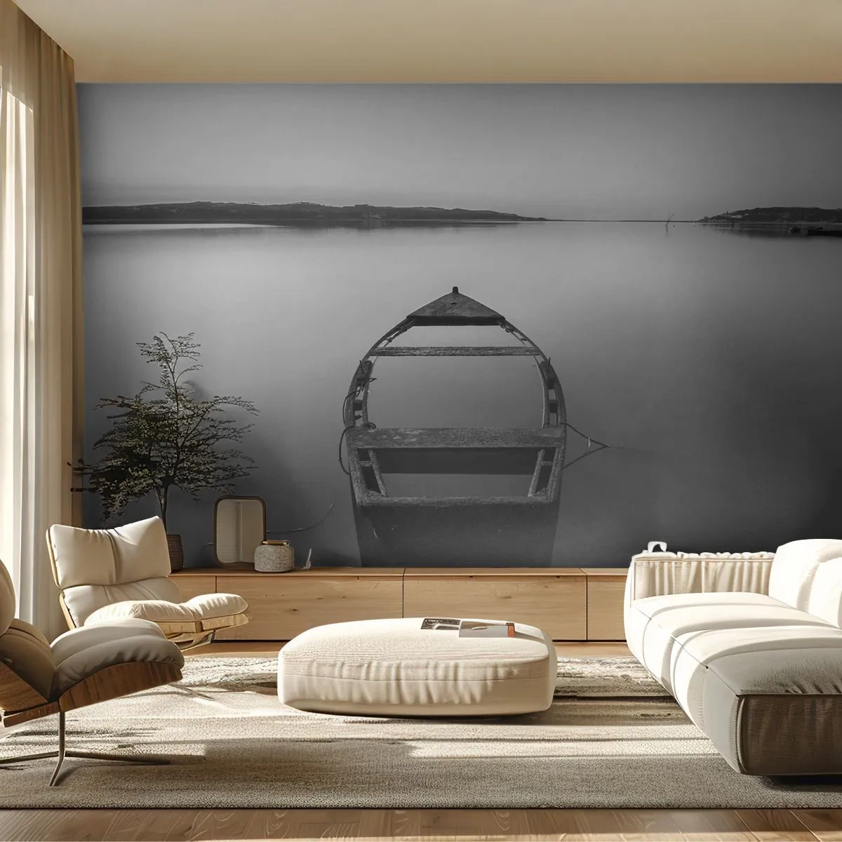Fototapet Selvklæbende Deluxe Sticker - Længsel og melankoli - Landskab, Sø, Båd - 250x175 cm