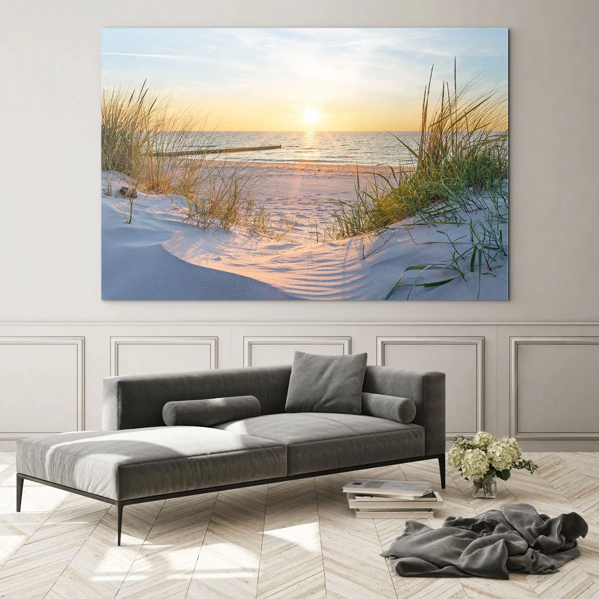 Billede på glas - Solnedgangsstrand med udsigt over havet og klitgræs - 70x50cm - Havet brummer, fuglene synger, en vild strand midt i græsset.... - Moderne vægdekoration til stue og soveværelse ARTTOR