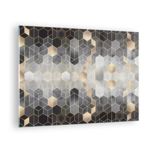 Billede på glas - Geometrisk mønster af sekskanter i gyldne linjer - 70x50cm - Sammensætning af diamanter - Moderne vægdekoration til stue og soveværelse ARTTOR