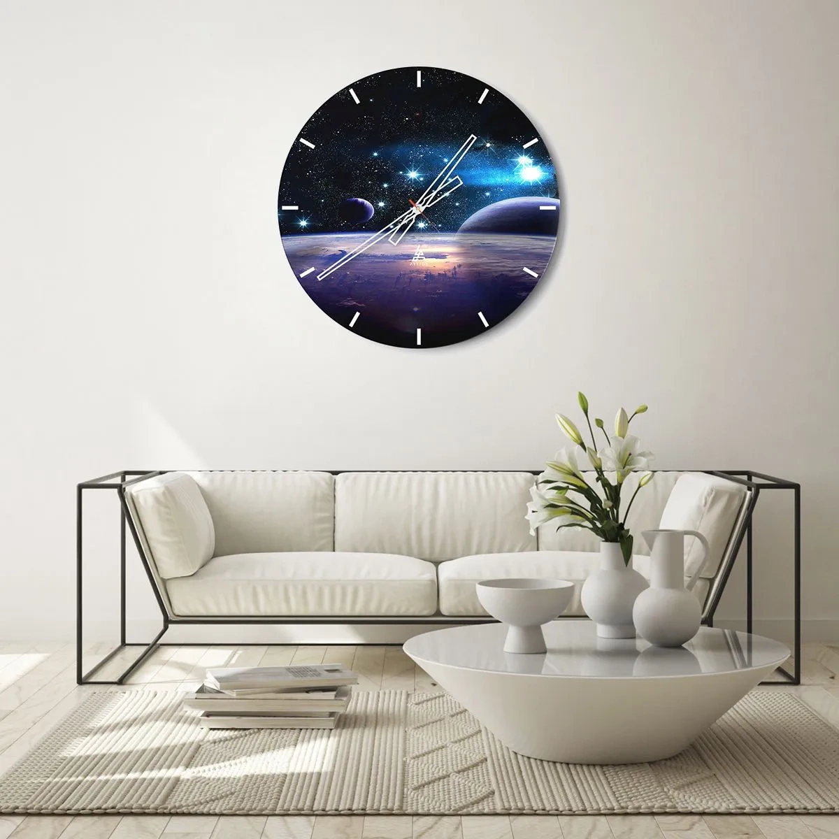 Vægur, Uret - Rum med stjerner, planeter og en planetarisk overflade med en atmosfære - 30x30cm - Er du stadig alene? - Moderne vægdekoration til stue, køkken og soveværelse ARTTOR