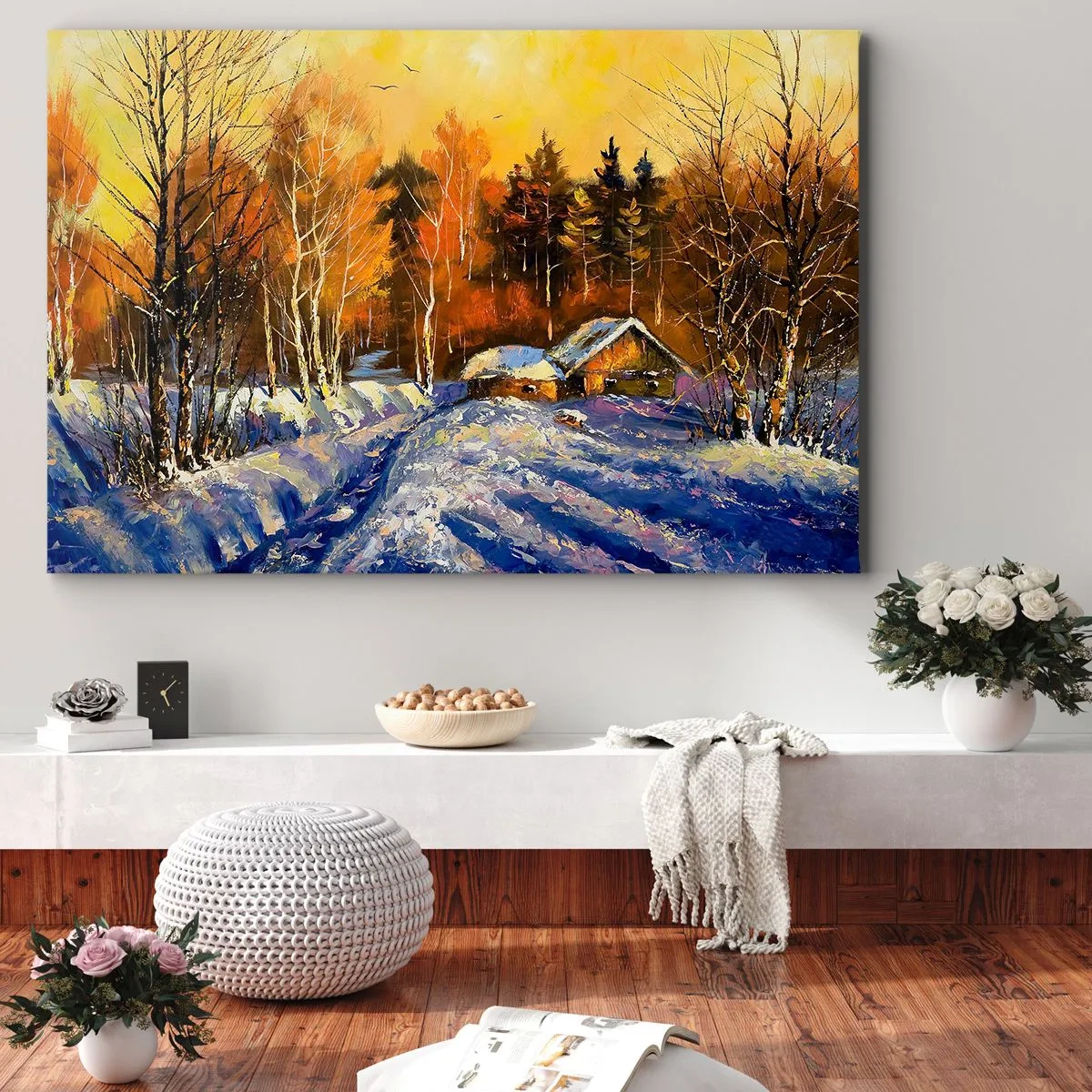 Lærredstryk - Billede på lærred - Vinterlandskab med et hus i lyset af den nedgående sol - 70x50cm - Vinterindtryk i solen - Moderne vægdekoration til stue og soveværelse ARTTOR