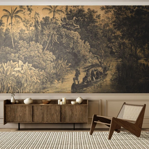 Fototapet Standard Eco - Tegneserie-junglescene med en båd på floden - 100x70cm - Rejsen til kilden - Moderne vægdekoration til stue og soveværelse ARTTOR