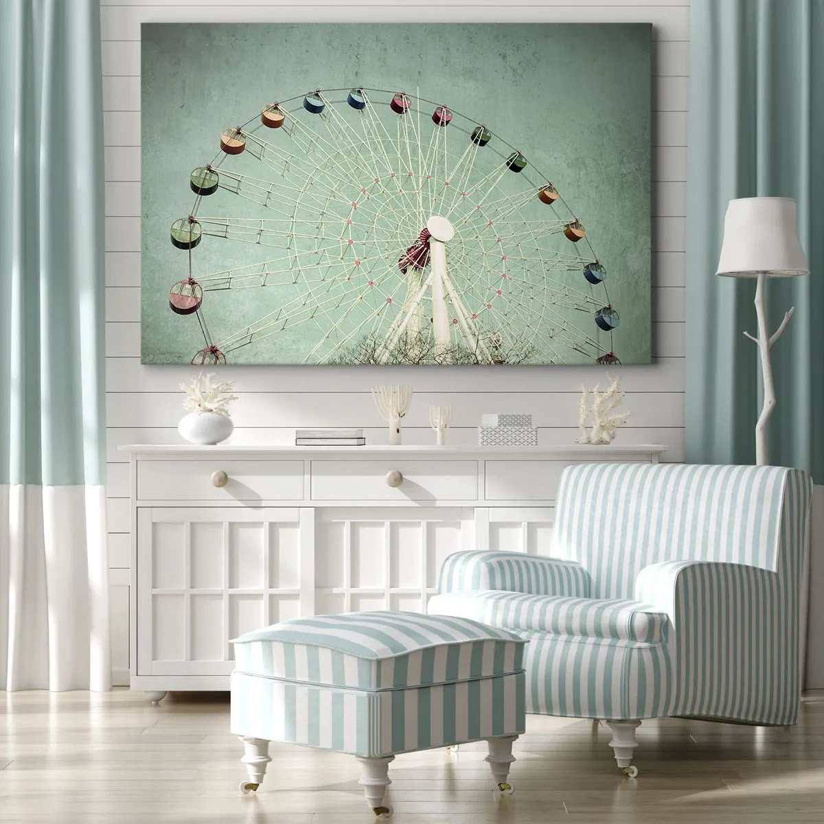 Lærredstryk - Billede på lærred - Et farverigt pariserhjul mod en blå himmel i retrostil - 70x50cm - Vi inviterer dig til at lege - Moderne vægdekoration til stue og soveværelse ARTTOR