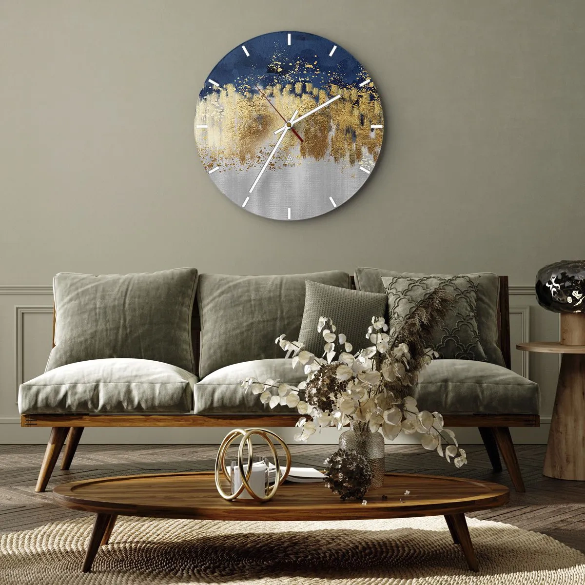 Vægur, Uret - Gyldne refleksioner og en blå-sølv baggrund i abstrakt stil - 30x30cm - Moderne komposition med gnist - Moderne vægdekoration til stue, køkken og soveværelse ARTTOR