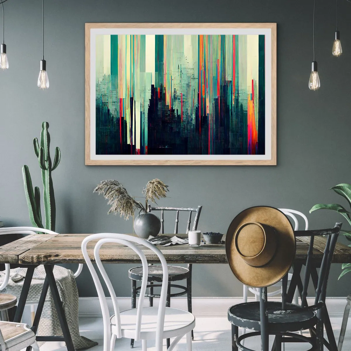 Plakat i ramme af lyst egetræ - Futuristisk by - 70x50 cm