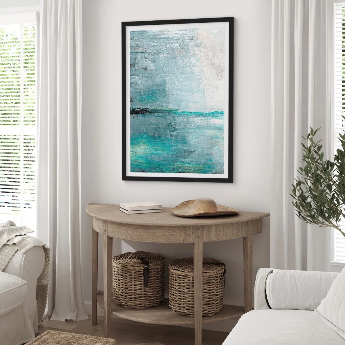 Plakat i sort ramme - Abstrakt landskab i blå og grå nuancer - 50x70cm - Horisontalt med blå farve - Moderne vægdekoration til stue og soveværelse ARTTOR