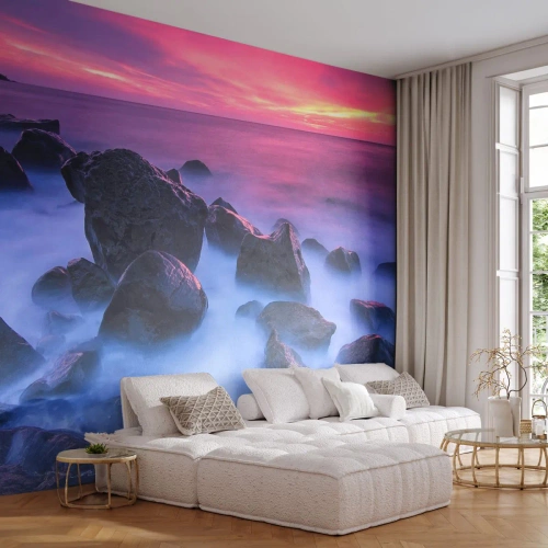 Fototapet Premium Sand - Fødsel i glimmer og tåge - Landskab, Ocean, Solnedgang - 100x70 cm